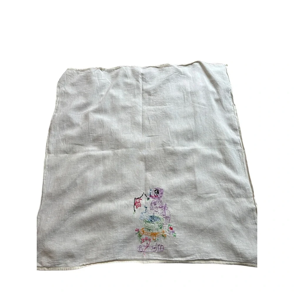 Vintage Hand Embroidered Monday Wash Day‎ Towel Sunbonnet Lady Cotton Linen